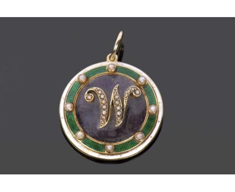 Antique 18ct gold circular enamel and seed pearl pendant, the crystal centre applied with a seed pearl highlighed letter 'W',