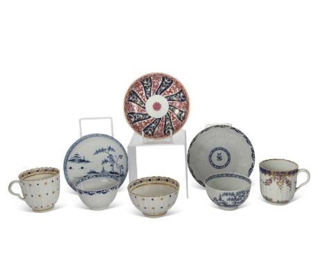 Group of English porcelain including a Worcester cannonball tea bowl and saucer, further tea bowl and saucer, probably Liverp