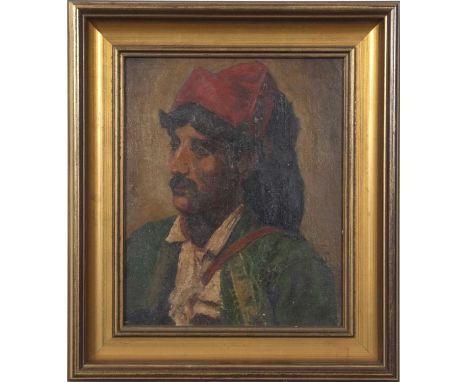 Augusto Bompiani (Italian, 1851-1930), Portrait of a man wearing a green jacket with a white lace shirt and red hat, oil on c
