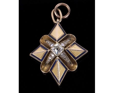 Victorian enamel and diamond star pendant, the centre with an old cushion cut diamond, 0.45ct approx, the rays set with gradu