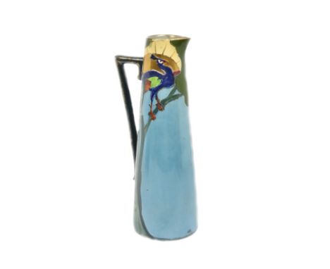 A Frederick Hurten Rhead ceramic jug, tapering slender form, painted peacock design heightened with gilt, 30.5 cm highHandle 