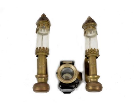 A pair of GWR brass carriage lamps, complete with glass shades; together with a Miller &amp; Co Birmingham kerosene bicycle l