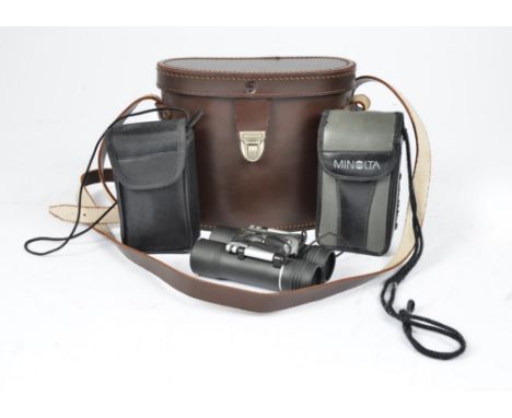 A pair of Praktica Sport 8 x 25 binoculars, cased, a pair of 10 x 25 binoculars, a Hilkinson cowhide binocular case, and a ca