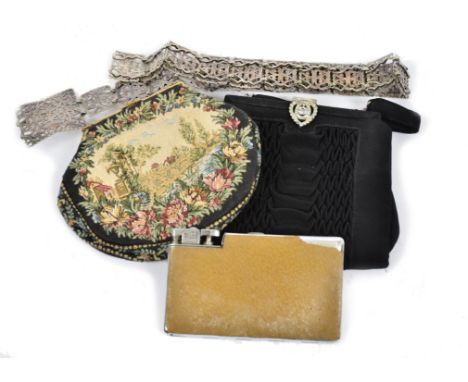 A pair of brass and mother-of-pearl opera glasses; together with two Art Nouveau silver plated belts, a group of lady's eveni