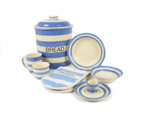A collection of T.G.Green Cornish Blue kitchenware, including dinner plates, side plates, soup bowls, cereal bowls, cups and 