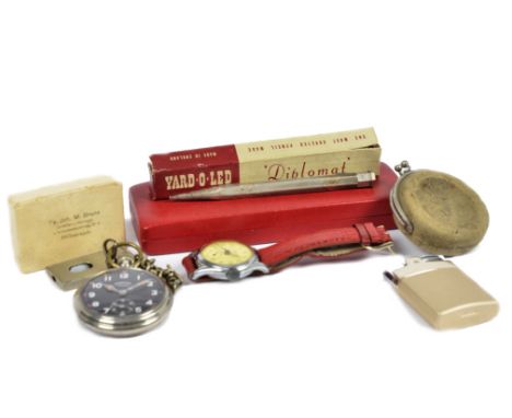 A miscellaneous collection, including a Yard O Led Diplomat propelling pencil in original box, Ronson lighter, steel cigar cu