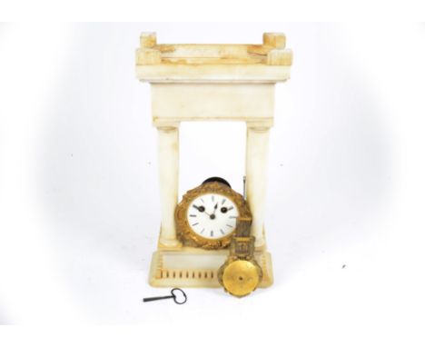 A 19th Century alabaster portico clock, white enamel dial inscribed with Roman numerals, eight day movement, the case with de