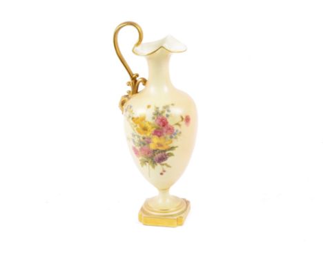 A Royal Worcester ewer, painted with flowers on a blush ivory ground, 1907, shape 1944, puce mark to base, 24 cm high