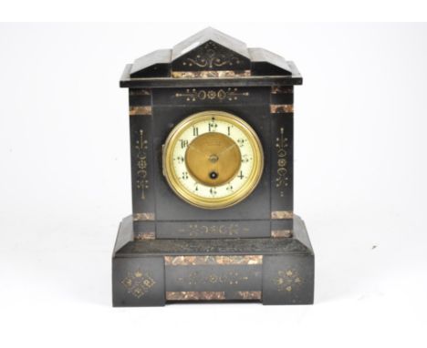 A Victorian black slate with marble inlay mantle clock by Bennett &amp; Co Blackheath, 