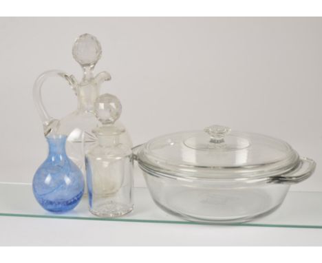 A quantity of glass and ceramic cooking pans, together with a selection of perfume bottles and decanters (25+)