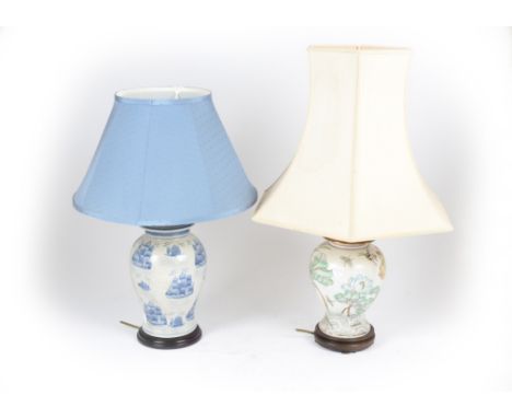 A group of ceramic table lamps, comprising a converted pair with floral decoration, a converted blue and white example decora