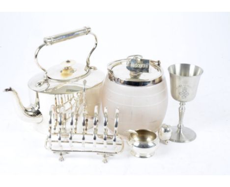 A collection of silver plate, including Francis Boone Thomas teapot, a pair of butter dishes in the form of shells, a frosted