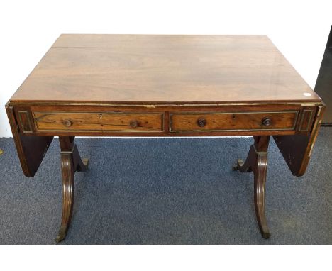 A Georgian rosewood and brass inlaid sofa table, splayed supports and castors, 158 cm wide x 76 cm deep x 73 cm high open