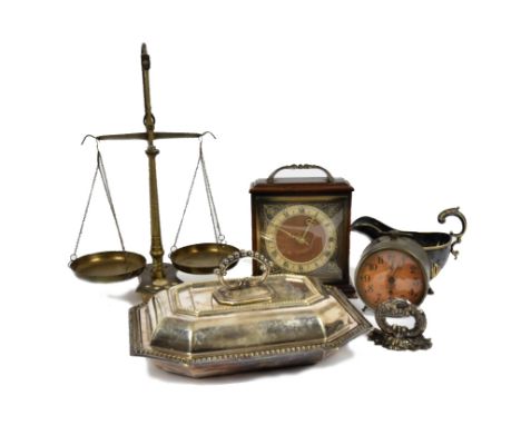 A Victor travel trunk, fitted interior, with key, 81 cm wide x 50 cm deep x 40 cm high; together with a set of brass balance 