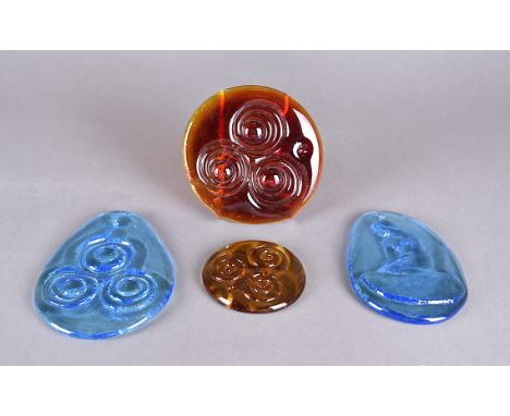 Possibly Michael Bang for Holmegaard, two glass '3 ring' pattern circular Suncatchers in Golden Amber 9.5 cm and Flame 13.5 c