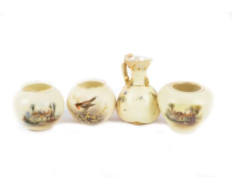 Four pieces of Royal Worcester blush ivory porcelain, including a jug with naturalistic coral formed handle, shape no.1506, n