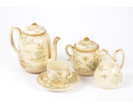 A 20th Century Satsuma ware part tea service, comprising eight teacups, twelve saucers, teapot, milk jug, and sugar bowl, pol