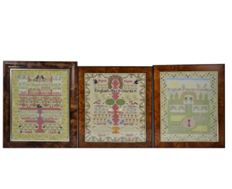 A set of three needlework samplers, comprising 'English Flower Garden', 'English Herb Garden', and 'The Vegetable Patch', eac
