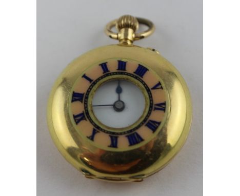 A ladies' 18ct. gold half hunter pocket watch, having white enamel Roman numeral dial, 32mm diameter case, the half hunter ca