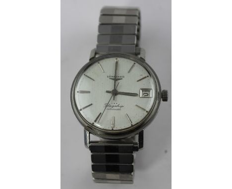 A gentleman's stainless steel Longines Flagship automatic bracelet watch, circular silvered dial with baton hour markers and 