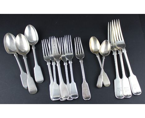 A quantity of silver fiddle pattern flatware, to include; two Victorian dessert spoons by John Stone, assayed Exeter 1877 and