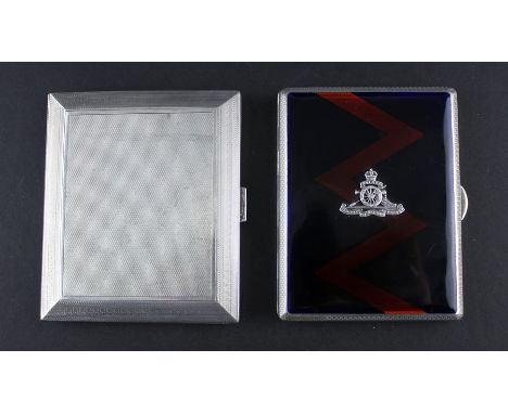 A Royal Artillery interest silver and enamel cigarette case, by John William Barrett, assayed Birmingham 1933, of typical rec