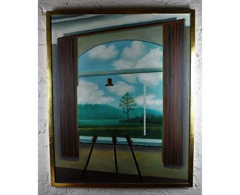 **REOFFER ETWALL JAN £40/£60**After Rene Magritte (1897-1967),&nbsp;a surrealist untitled composition with easel in an open w