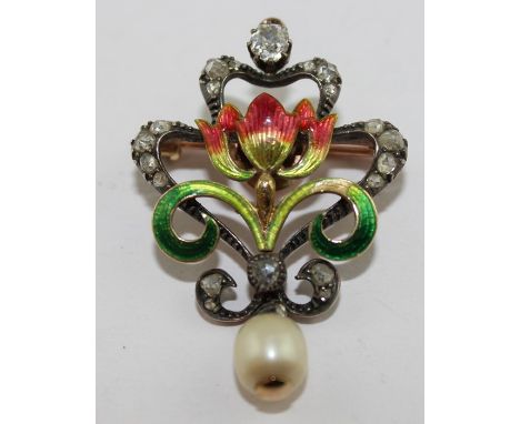 A late Victorian yellow metal, enamel and diamond open scroll work pendant/brooch, fashioned as a stylised multi-coloured ena