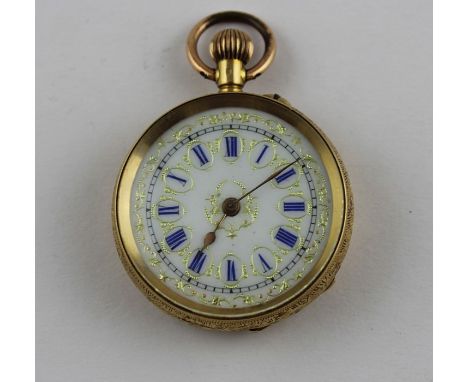 **REOFFER ETWALL JAN £80/£120**An 18ct. gold ladies' pocket watch, having white enamel Roman numeral dial, decorated blue num