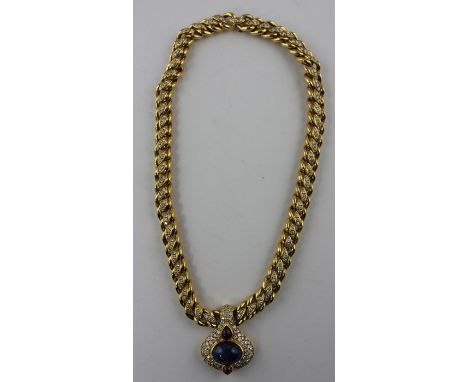 **REOFFER ETWALL JAN £3000/£5000**A fine yellow gold, diamond, sapphire and ruby pendant necklace, the heavy necklace formed 