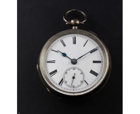 A Victorian silver pocket watch, key wind mechanism, having white enamel Roman numeral dial with subsidiary Arabic numeral se