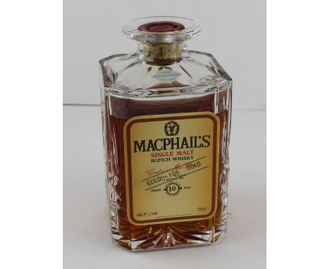 One decanter bottle of Macphails Single 10 Year Old Scotch Whisky, in red presentation box.