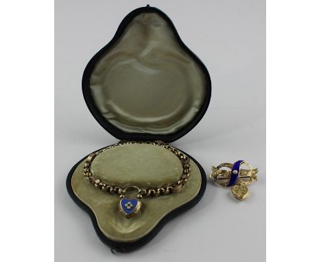 A collection of Victorian mourning jewellery, to include; A yellow metal, blue enamel and pearl mourning brooch, in the form 