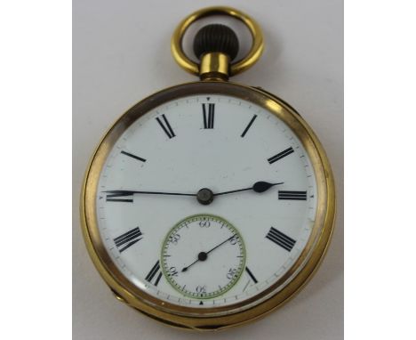 An 18ct gold pocket watch, having white enamel Roman numeral dial with Arabic numeral subsidiary dial, movement plate engrave