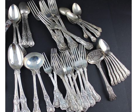 A matched collection of Victorian and later silver Queens pattern flatware, to include; eleven forks, all assayed London, (fo