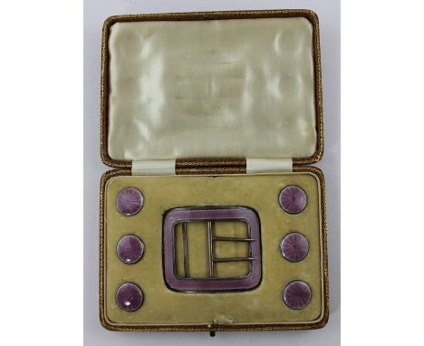 A silver and pink guilloche enamel buckle and button set, by Deakin &amp; Francis Ltd, assayed Birmingham 1910, the buckle of