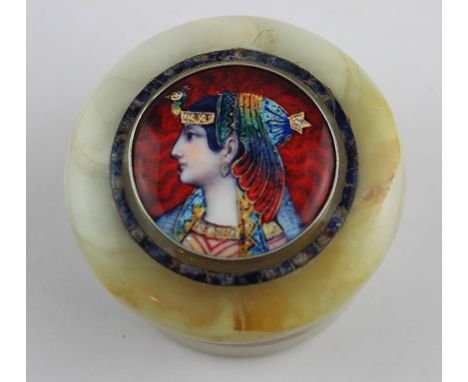 **REOFFER JAN ETWALL £40/£30** An Egyptian enamel and alabaster circular pot and cover, c.1920's, having gently domed circula