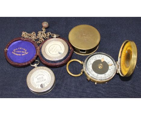 A Short &amp; Mason Patent brass compass "The Magnapole", a Watkins Bee Meter, a Watkins Indoor Meter, cased, a Stanley of Lo