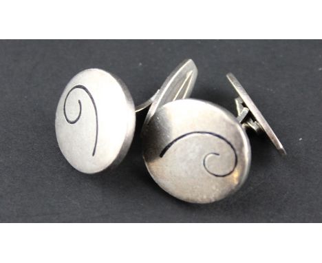 **REOFFER ETWALL JAN £60/£80**A pair of Hans Hensen Modernist silver and black enamel cuff links, No.636E, of&nbsp;oval form,