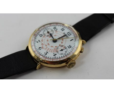 A scarce 18ct. gold gentleman's Eberhard &amp; Co. single button telemetre chronograph wrist watch, c.1930's, manual movement