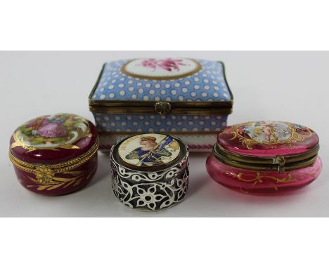 A collection of porcelain, glass and white metal boxes, to include a circular white metal and enamel lidded canister, French 