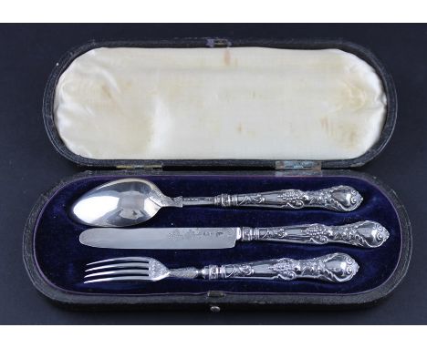A William IV silver christening set, by George Unite, assayed Birmingham 1836, comprising a fork, knife and spoon, having sty