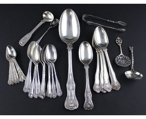 A quantity of silver flatware, to include; a large Victorian table spoon, Queens pattern, by Chawner &amp; Co, assayed London