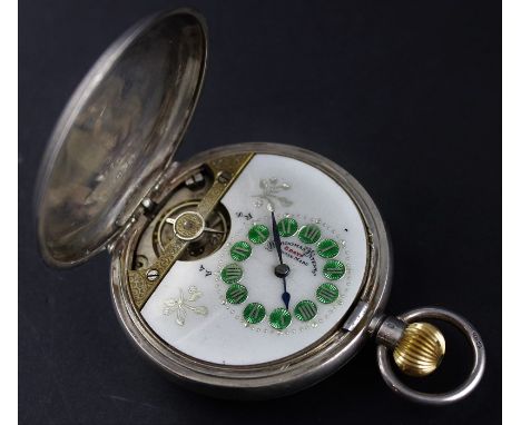 A silver Hebdomas patent 8 day hunter pocket watch, having partial circular white enamel dial with white on green enamel Roma