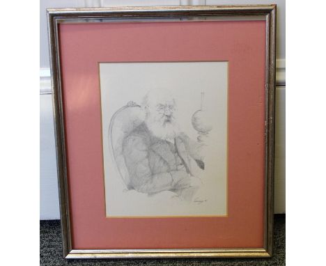 **REOFFER ETWALL JAN £30/£40**Ken Moroney (Contemporary), "Elderly gentleman seated beside an oil lamp", pencil, signed and d
