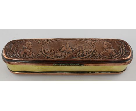 **REOFFER ETWALL JAN £20/£30**An 18th century brass and copper tobacco box, of rectangular form with curved ends and hinged l