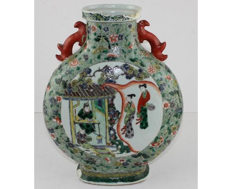 **REOFFER JAN ETWALL £40/£60** A 19th century Chinese porcelain famille vert moon flask, with opposing figural panels amidst 