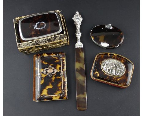 A collection of 19th century tortoiseshell objects of vertu, to include; a yellow metal inlaid rectangular book form tortoise