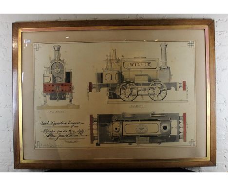 Railway Interest; A fine and detailed late 19th century pen ink and watercolour 'Scale' engineering drawing of Locomotive 'Wi