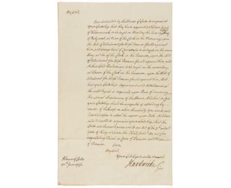 1745 Rebellion.- Letter giving an account of the trials of Lords Cromarty, Kilmarnock and Balmerino in Westminster Hall, by a